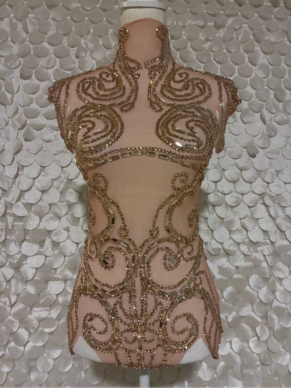 Embellished Sheer Illusion Bodysuit in Nude with Gold Beading